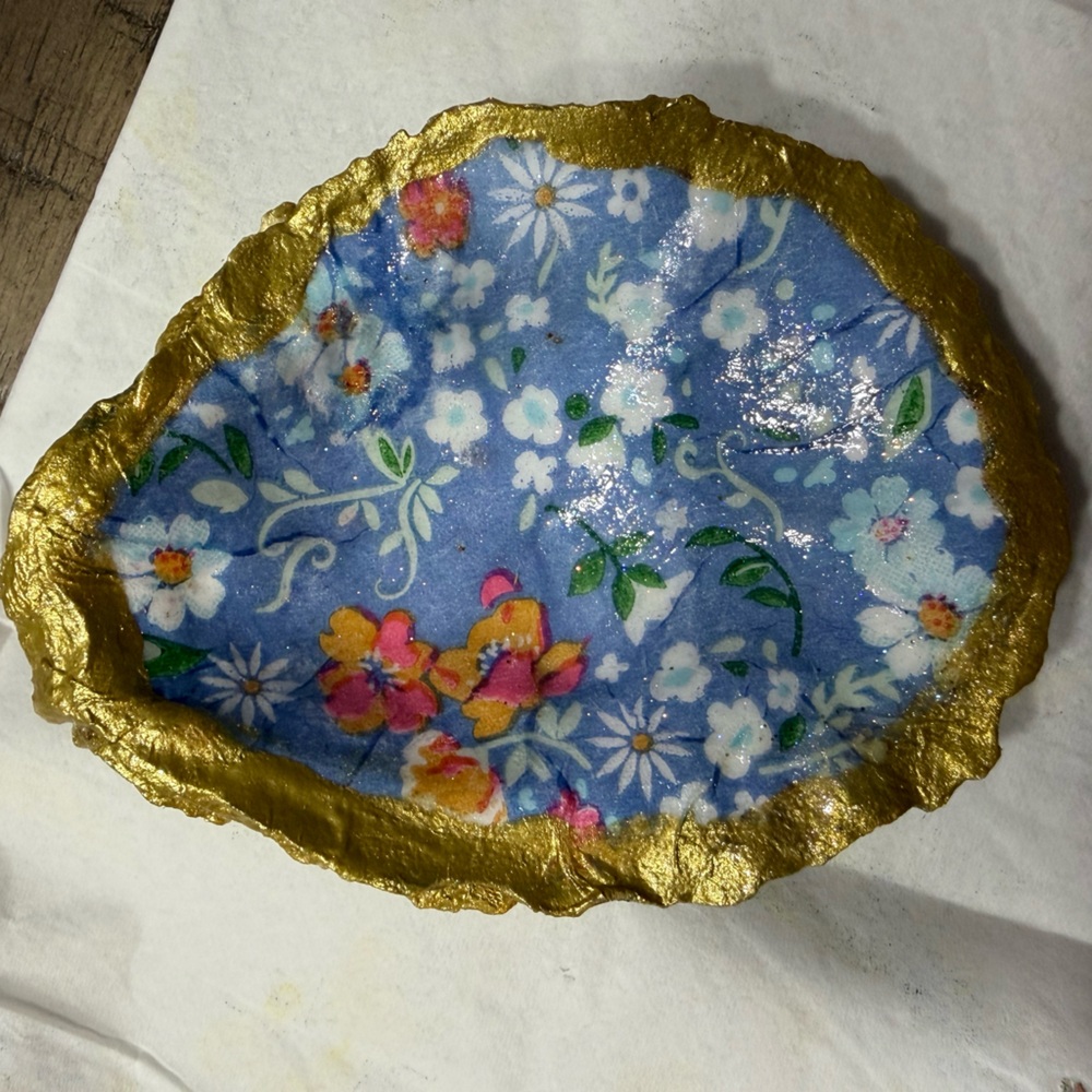Oyster shell Handmade Floral Blue Trinket Dish with Gold Edge.